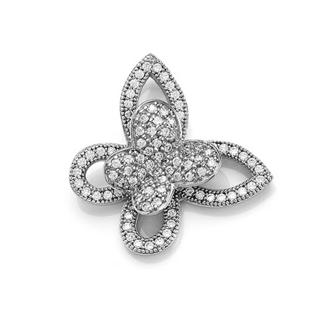 25 mm Sterling Silver Double Butterfly Pendant w/ Pave CZ Stones 1 inch tall 